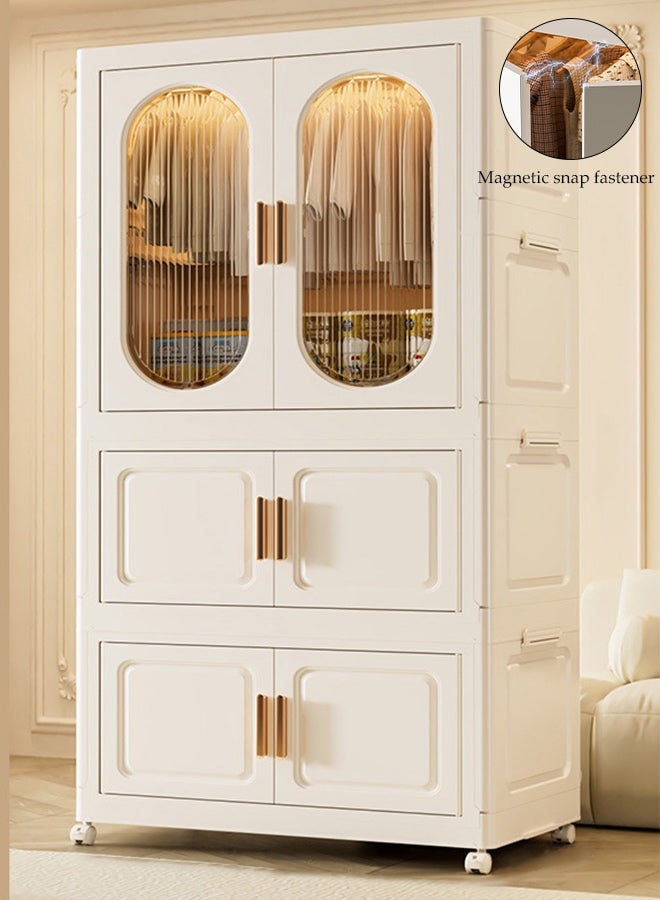 Spides 3 Tiers Foldable Closet Wardrobe Freestanding Portable Closet Storage Cabinet with Magnetic Snap Closure and Wheels Multi-functional Stackable Clothes Storage Bins with Hanging Rod Dust-Proof Collapsible Plastic Garment Cabinet for Clothing Organization in Bedroom & Office - Image 1